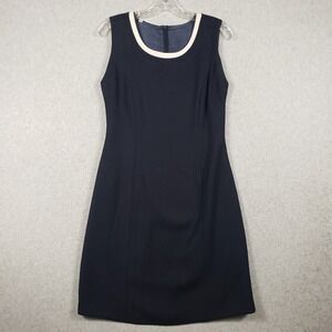 Vintage Unbranded Navy Blue Shift Dress 42 Sleeveless Contrast Trim Midi Retro‎